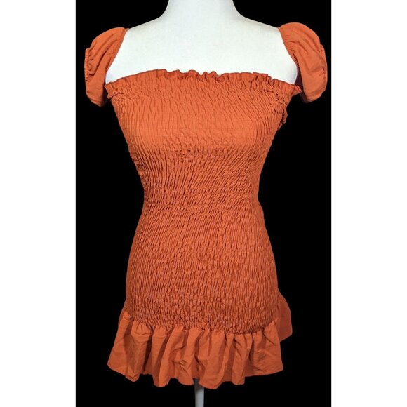 Sublime Retro Festival Burnt Orange Ruched Lace Back Mini Dress - Picture 1 of 3